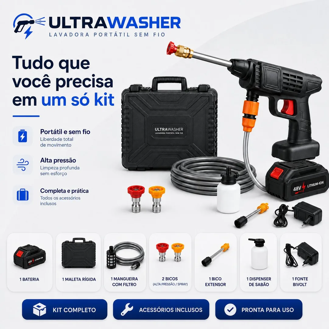 Tudo que você precisa em um só kit — bateria 48V, maleta rígida, mangueira com filtro, 2 bicos, extensor, dispenser de sabão e fonte bivolt